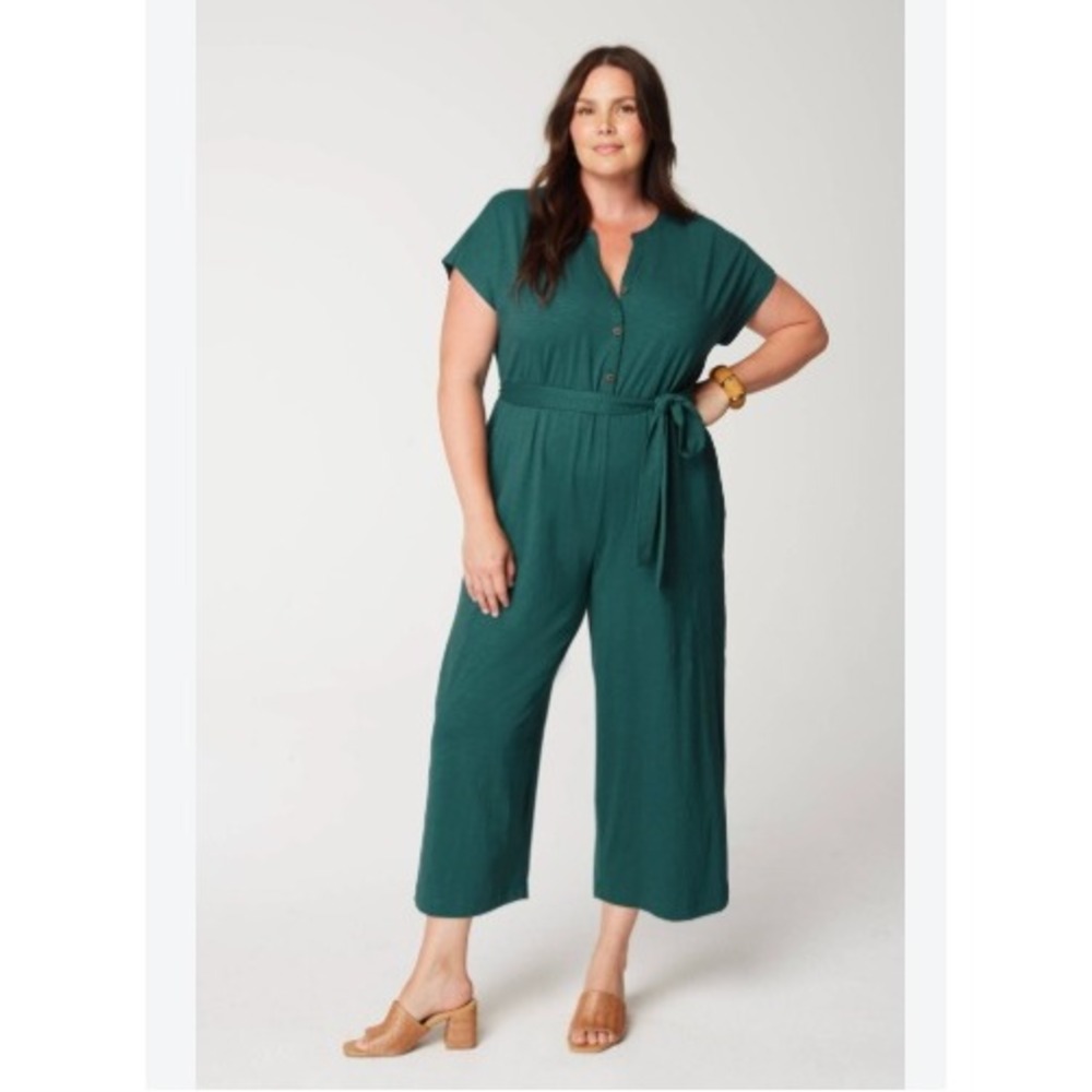 Pure Jill J. Jill Greenvalley Slub Knit Wide Leg Jumpsuit Teal Green LP Petite